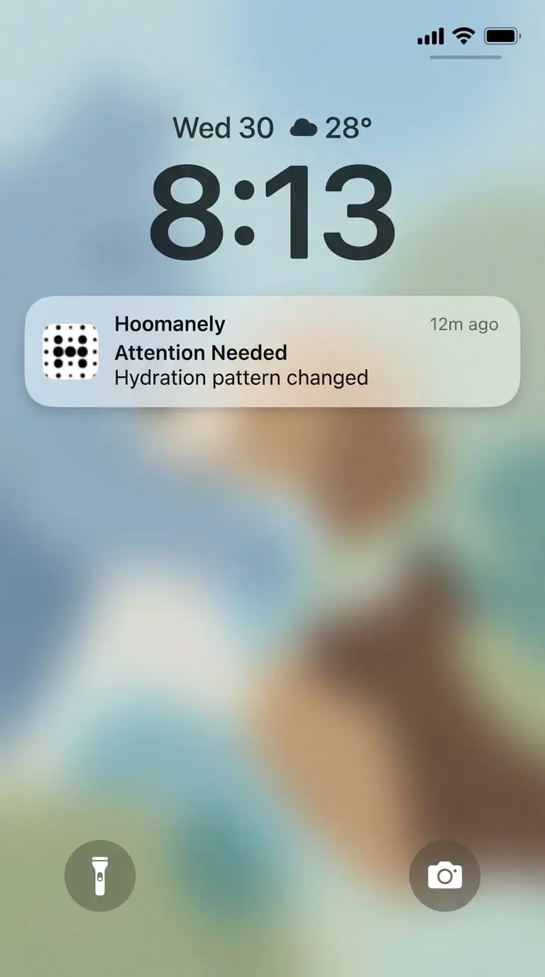 iOS lock screen notification from Hoomanely: Attention Needed. Hydration pattern changed.